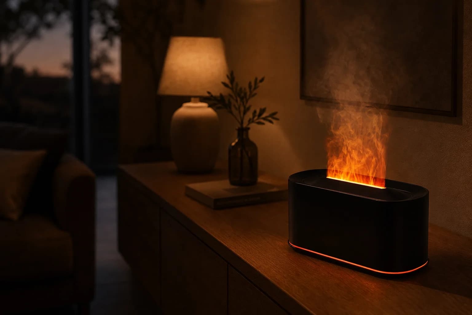 AuraFlame diffuser glowing with a realistic flame effect