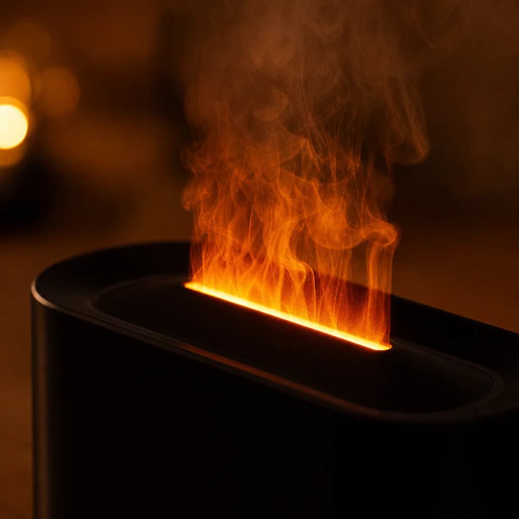 Close view of the AuraFlame flame and mist
